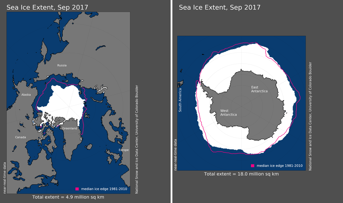 Maps of Arctic and Antarctic sea ice extent in September 2017
