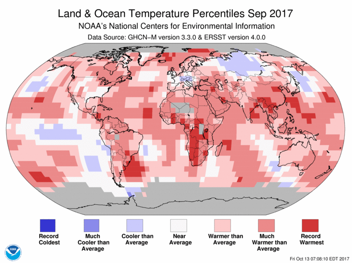 Map of global temperature percentiles for September 2017
