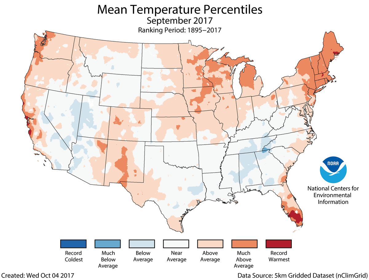 Map of September 2017 U.S. average temperature percentiles