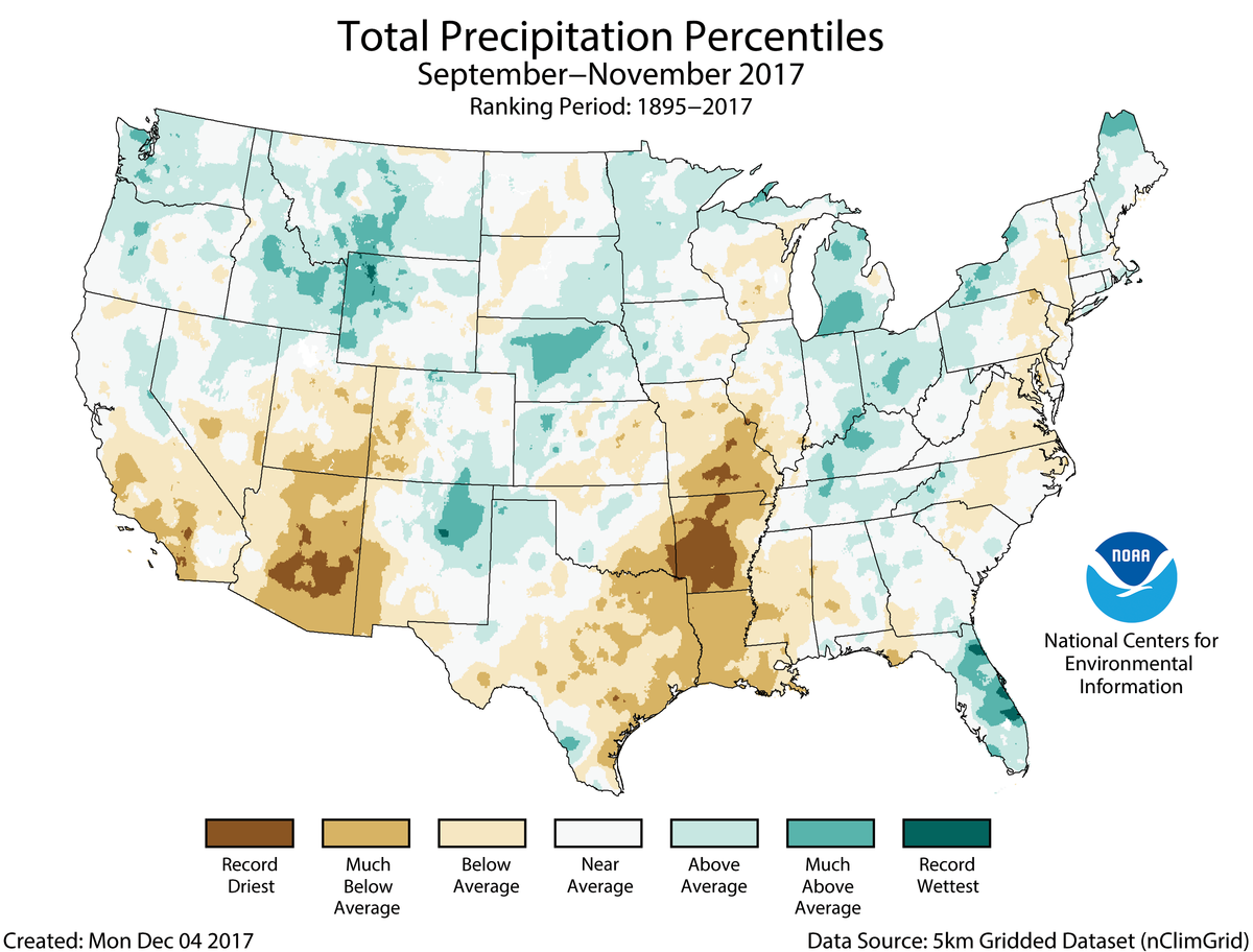 Map of September to November 2017 U.S. total precipitation percentiles