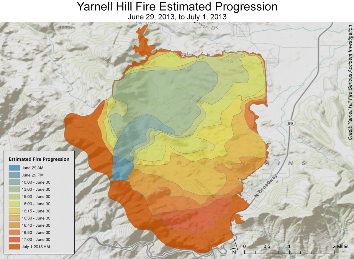 Map of Yarnell Hill Fire estimated progression from June 29 to July 1 2013