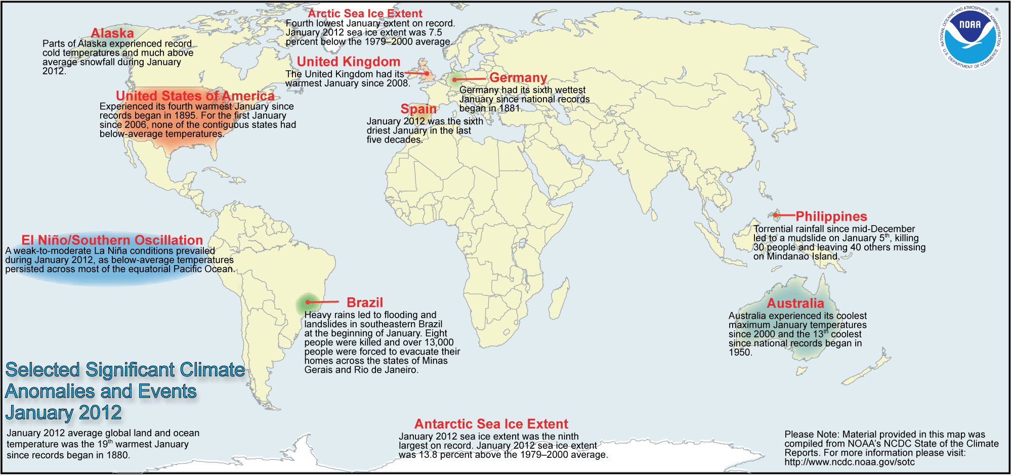 January 2012 Selected Climate Anomalies and Events Map