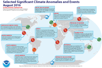 August 2016 Selected Climate Anomalies and Events Map