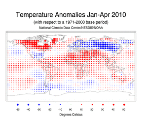 January-April 2010 Blended Land and Ocean Surface Temperature Anomalies in degree Celsius