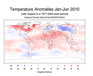 January-June 2010 Blended Land and Ocean Surface Temperature Anomalies in degree Celsius