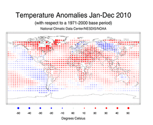 January-December 2010 Blended Land and Ocean Surface Temperature Anomalies in degree Celsius