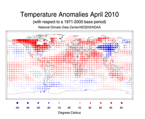 April Blended Land and Sea Surface Temperature Anomalies in degrees Celsius