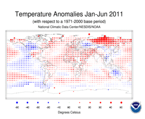 January-June 2011 Blended Land and Ocean Surface Temperature Anomalies in degree Celsius