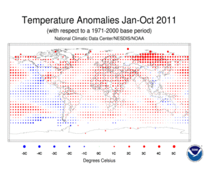 January-October 2011 Blended Land and Ocean Surface Temperature Anomalies in degree Celsius