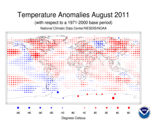 August Blended Land and Sea Surface Temperature Anomalies in degrees Celsius