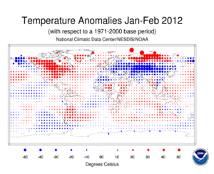 January–February 2012 Blended Land and Ocean Surface Temperature Anomalies in degree Celsius