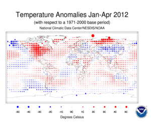 January–April 2012 Blended Land and Sea Surface Temperature Anomalies in degrees Celsius