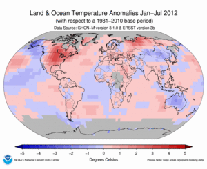January–July Blended Land and Sea Surface Temperature Anomalies in degrees Celsius