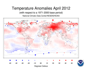 April 2012 Blended Land and Sea Surface Temperature Anomalies in degrees Celsius