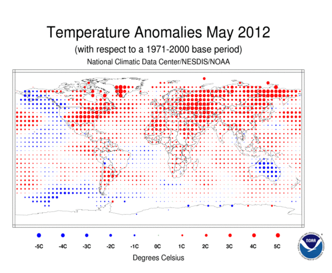 May 2012 Blended Land and Sea Surface Temperature Anomalies