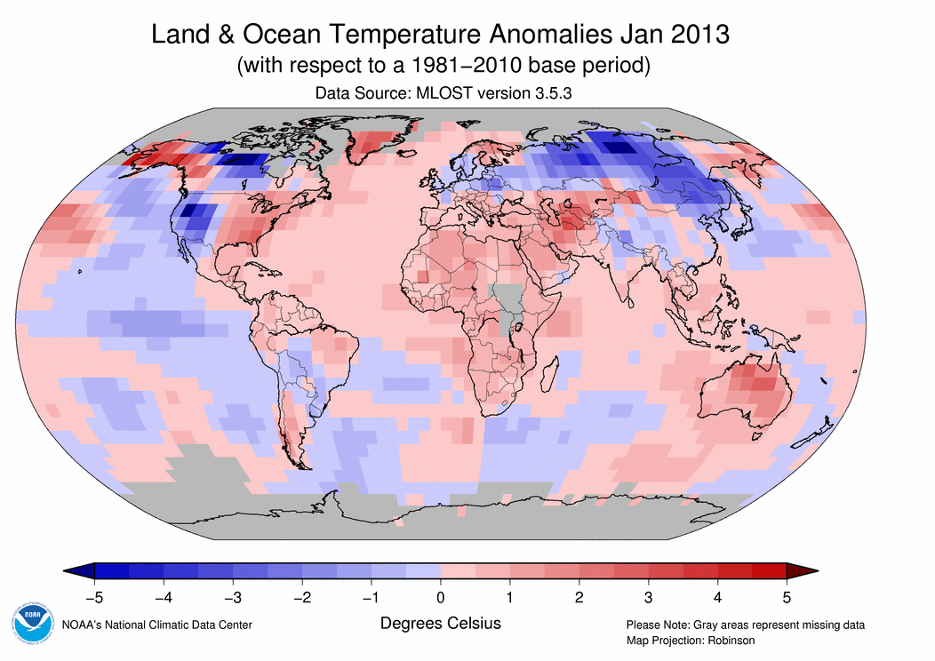 January 2013 Blended Land and Sea Surface Temperature Anomalies