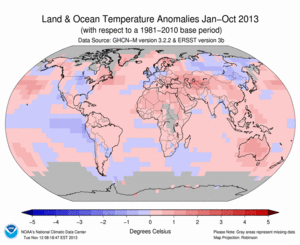 January–October Blended Land and Sea Surface Temperature Anomalies in degrees Celsius