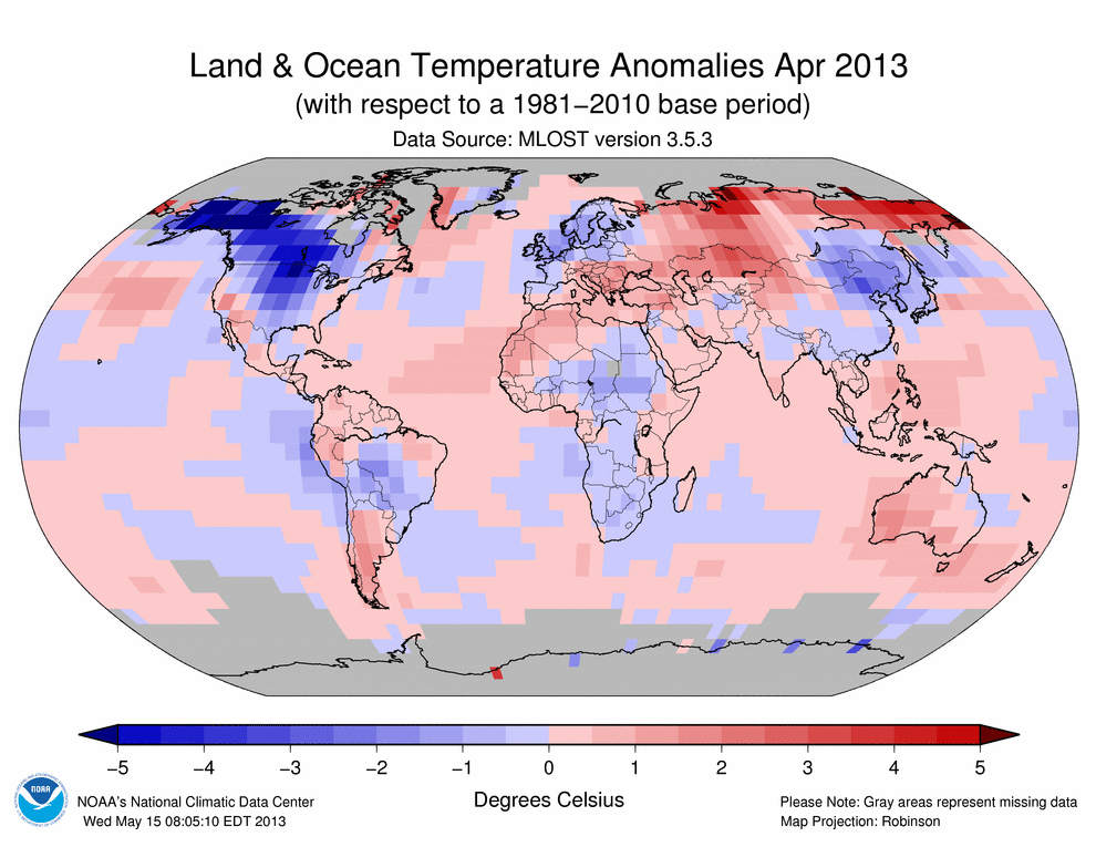 April 2013 Blended Land and Sea Surface Temperature Anomalies