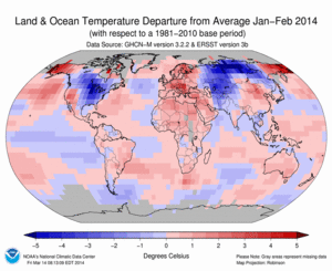 January–February Blended Land and Sea Surface Temperature Anomalies in degrees Celsius