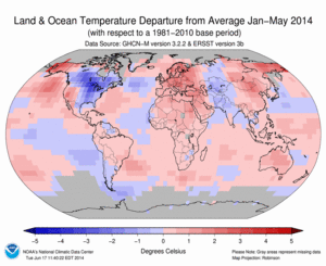January–May Blended Land and Sea Surface Temperature Anomalies in degrees Celsius