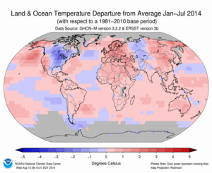 January–July Blended Land and Sea Surface Temperature Anomalies in degrees Celsius