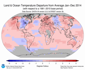 January-December 2014 Blended Land and Ocean Surface Temperature Anomalies in degree Celsius