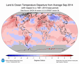 September Blended Land and Sea Surface Temperature Anomalies in degrees Celsius