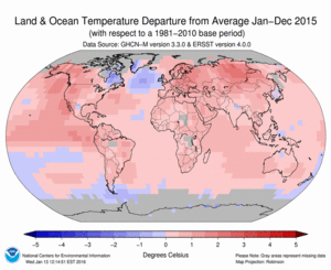 January-December 2015 Blended Land and Ocean Surface Temperature Anomalies in degree Celsius