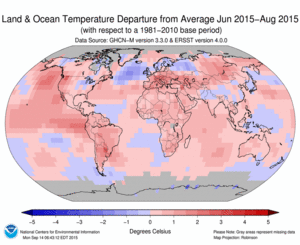 June 2014–August Blended Land and Sea Surface Temperature Anomalies in degrees Celsius