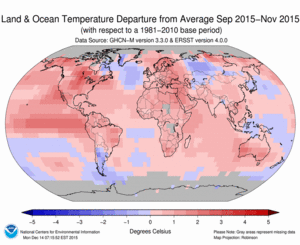 September–November Blended Land and Sea Surface Temperature Anomalies in degrees Celsius