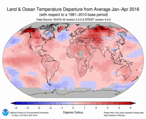 January-April Blended Land and Sea Surface Temperature Anomalies in degrees Celsius