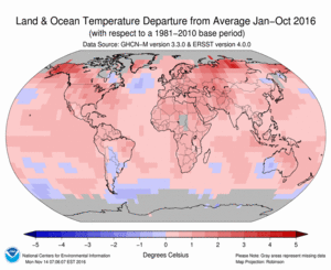 January-OctoberBlended Land and Sea Surface Temperature Anomalies in degrees Celsius