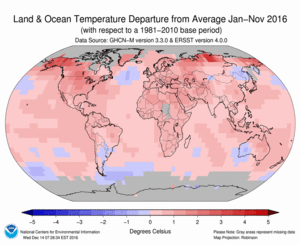 January-November Blended Land and Sea Surface Temperature Anomalies in degrees Celsius