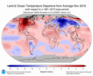 November Blended Land and Sea Surface Temperature Anomalies in degrees Celsius