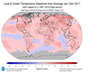 January-DecemberBlended Land and Sea Surface Temperature Anomalies in degrees Celsius