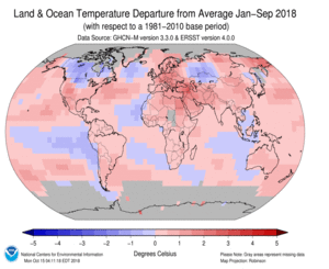 January-September Blended Land and Sea Surface Temperature Anomalies in degrees Celsius