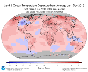 January–December Blended Land and Sea Surface Temperature Anomalies in degrees Celsius