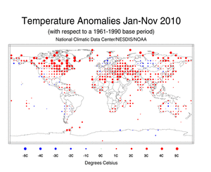 January–November 2010 Land Surface Temperature Anomalies in degree Celsius