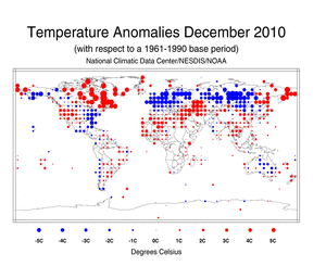 December 2010 Land Surface Temperature Anomalies in degree Celsius