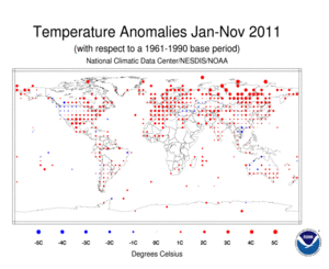 January–November 2011 Land Surface Temperature Anomalies in degree Celsius