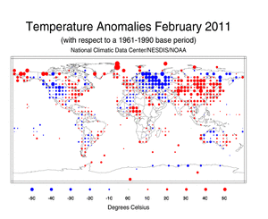 February 2011 Land Surface Temperature Anomalies in degree Celsius