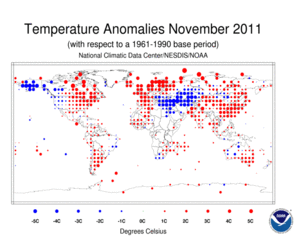 November 2011 Land Surface Temperature Anomalies in degree Celsius