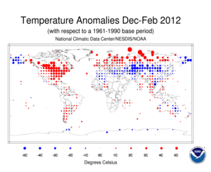 December 2011 – February 2012 Land Surface Temperature Anomalies in degree Celsius