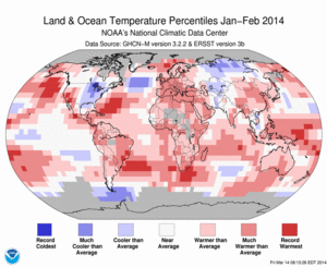 January–February Blended Land and Sea Surface Temperature Percentiles