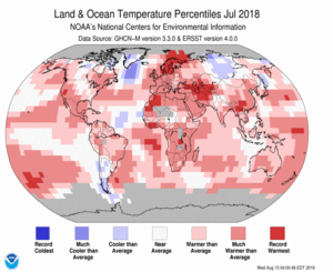 July Blended Land and Sea Surface Temperature Percentiles