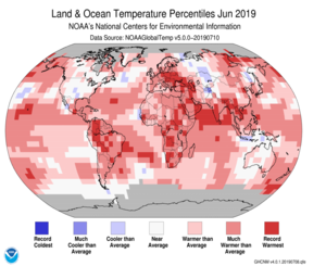 June Blended Land and Sea Surface Temperature Percentiles
