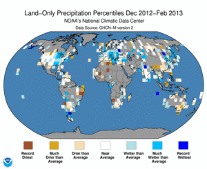 December 2012 - February 2013 Land-Only Precipitation Percentiles