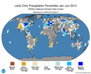 January - June 2013 Land-Only Precipitation Percentiles