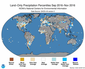 September - November 2016 Land-Only Precipitation Percentiles