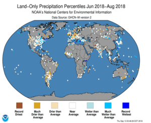 June - August 2018 Land-Only Precipitation Percentiles